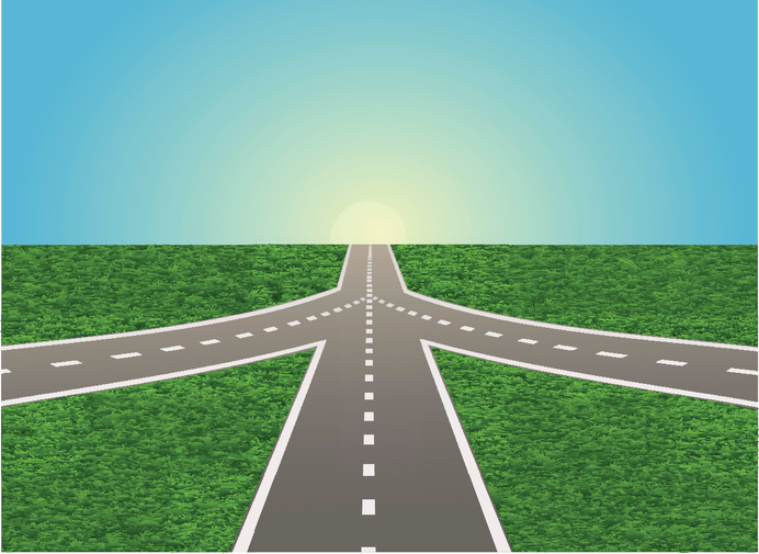 The illustration of road junction on the highway. The road going to the sunrise or sunset. Vector is perfect to illustrate the travels, adventures, logistics, search for the meaning of life, etc.